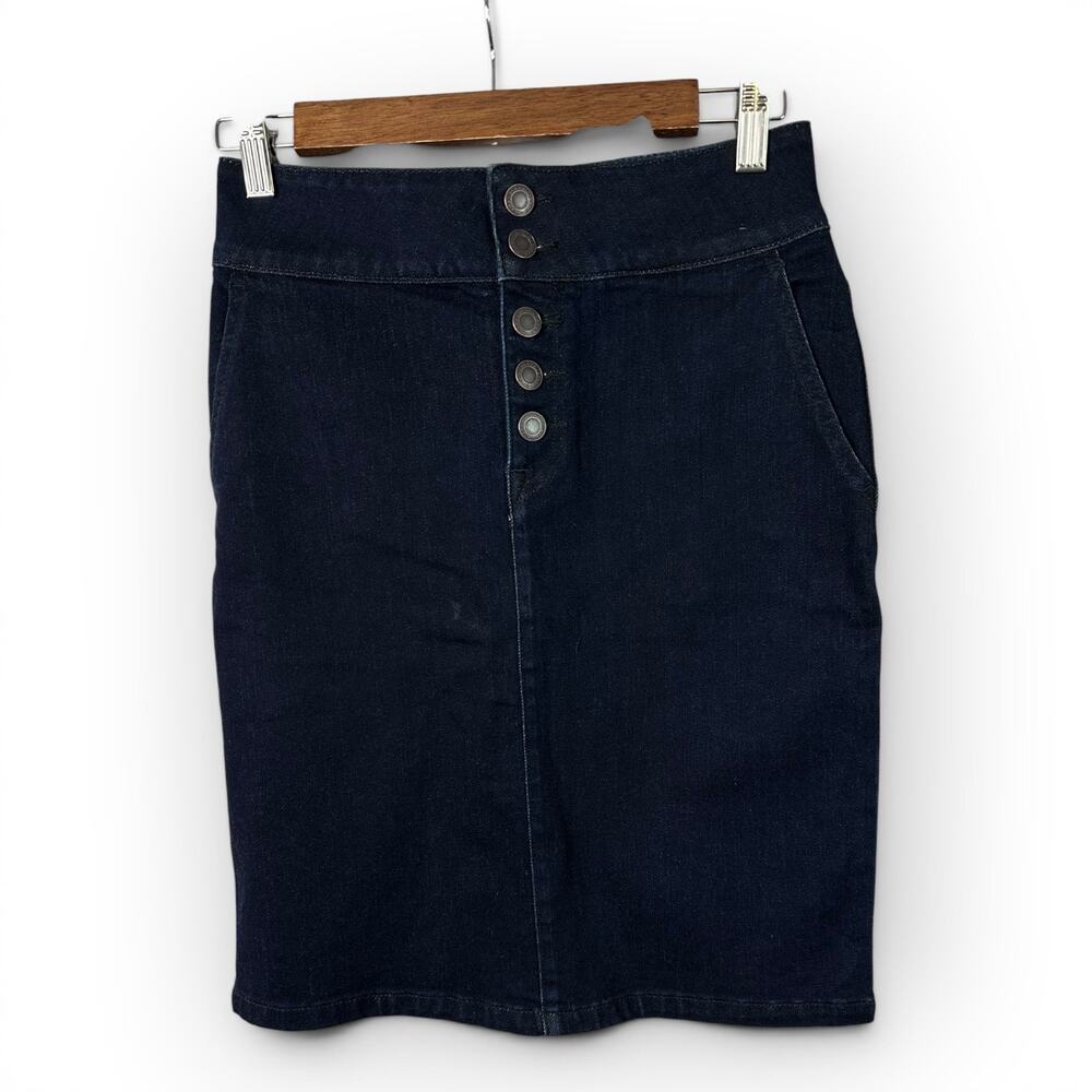 Prana Womens size 0 Aubrey Denim Pencil Skirt Dark Blue w33190957 Button Fly